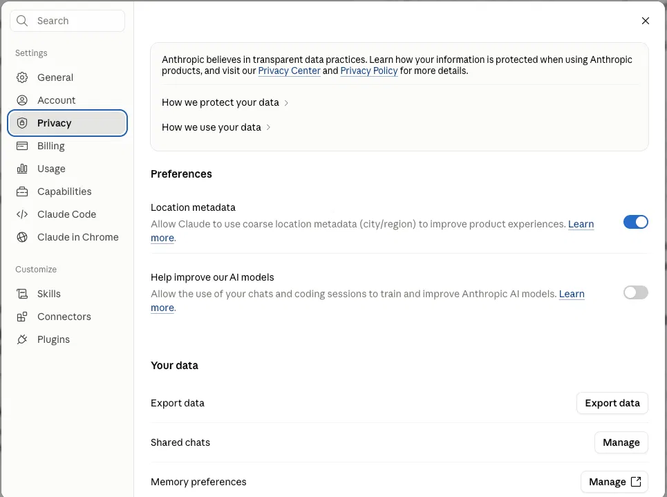 Nastavení Privacy v Claude — přepínač Help improve our AI models je vypnutý (šedý)