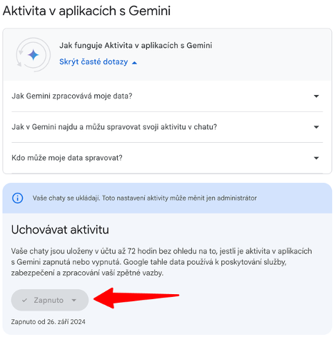 Nastavení aktivity v aplikacích s Gemini v účtu Google